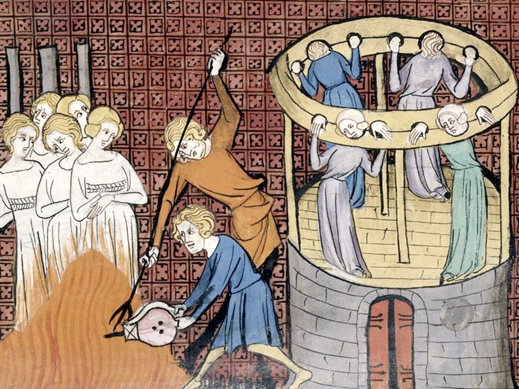 رسم من القرن 14 لحرق وتعذيب المتهمات بالسحر